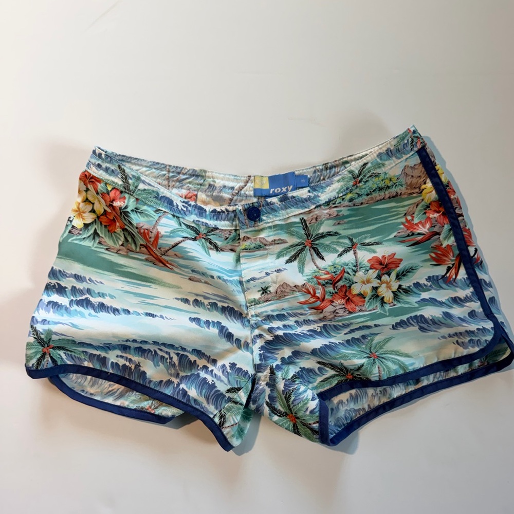 Roxy Women's Aqua Tropical Print Athletic Shorts with Navy Trim